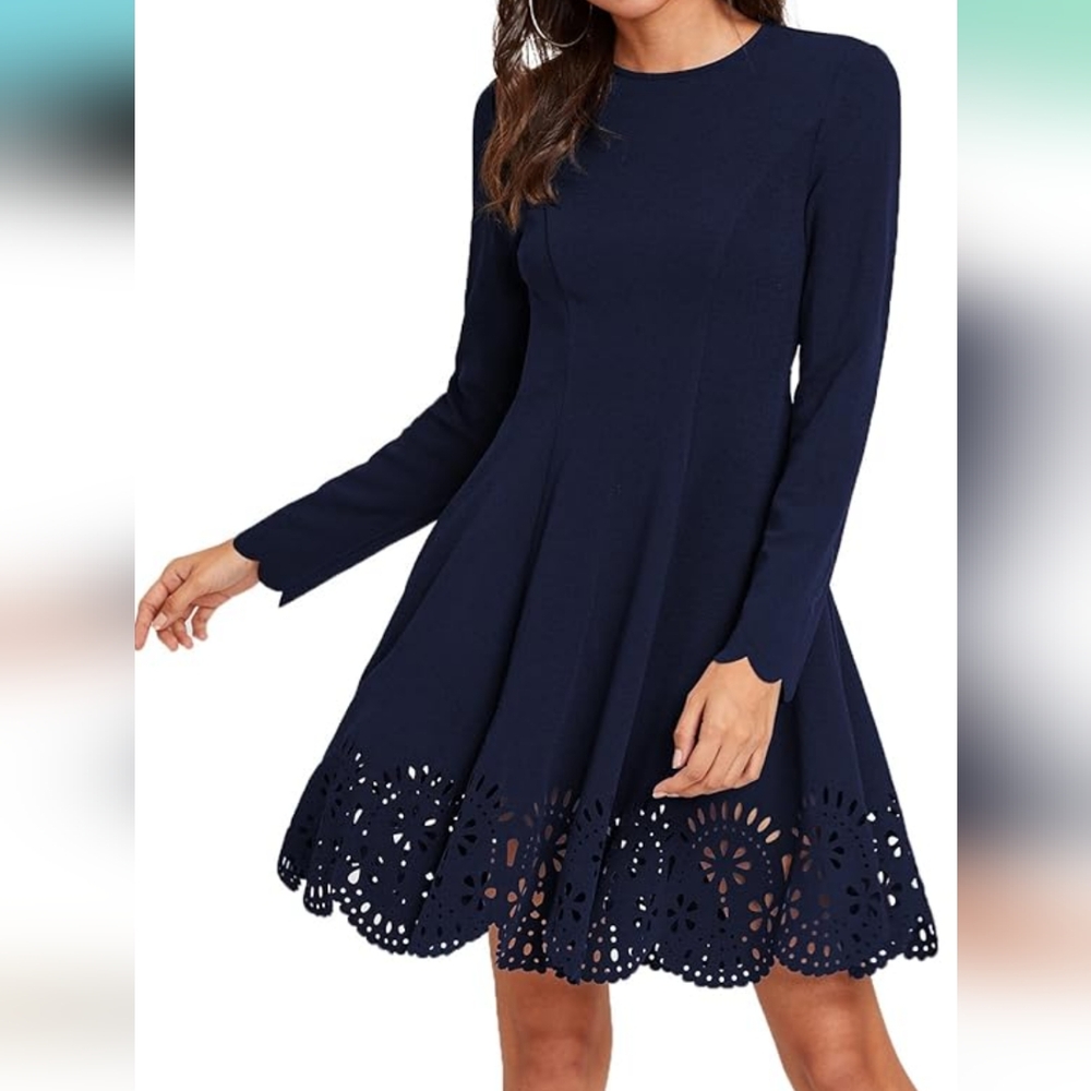 Women's Scalloped Hem Skater A-line Dress in Dark Navy XS